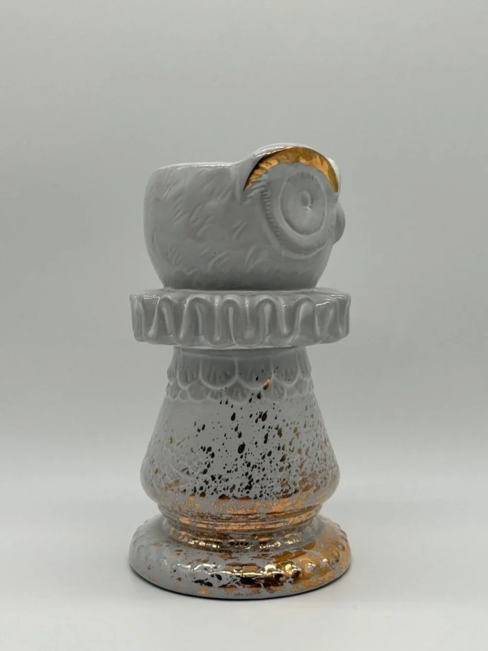 Anthropologie Stoneware Owl Chess Piece Vase Gray Gold Retired Regency Whimsical